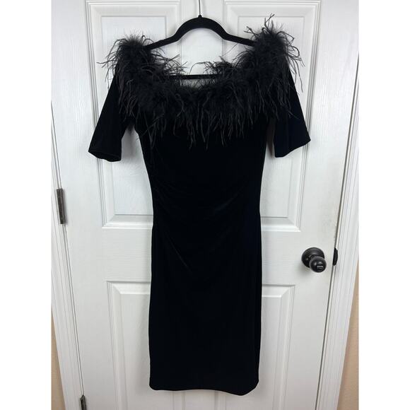 XSCAPE Womens Black Feathered Unlined Elbow Sleeve Sheath Velvet Ruched Dress 8 - Picture 10 of 10